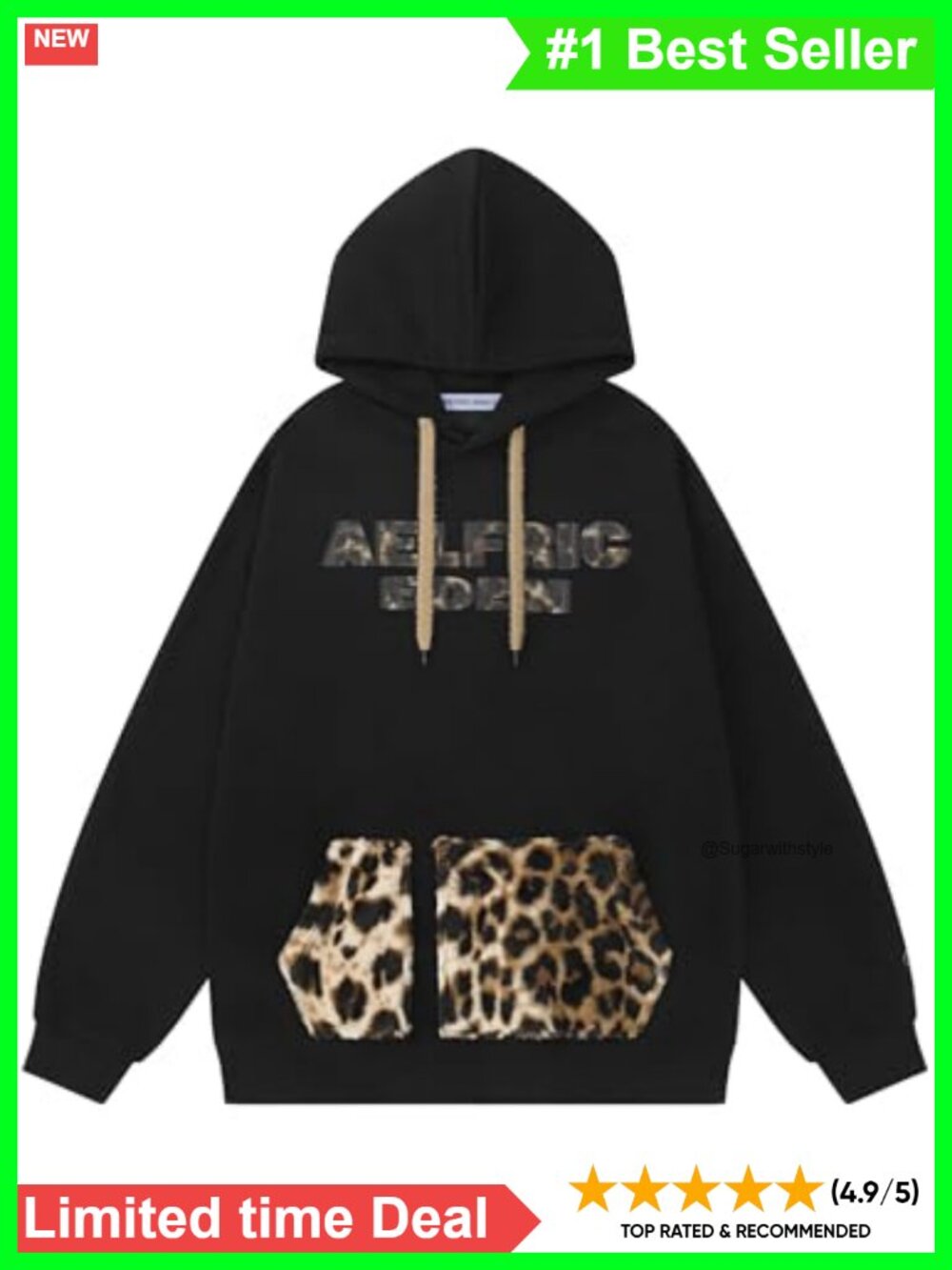 Oversized Leopard Letter Print Hoodie Drawstring Pocket Sweatshirt